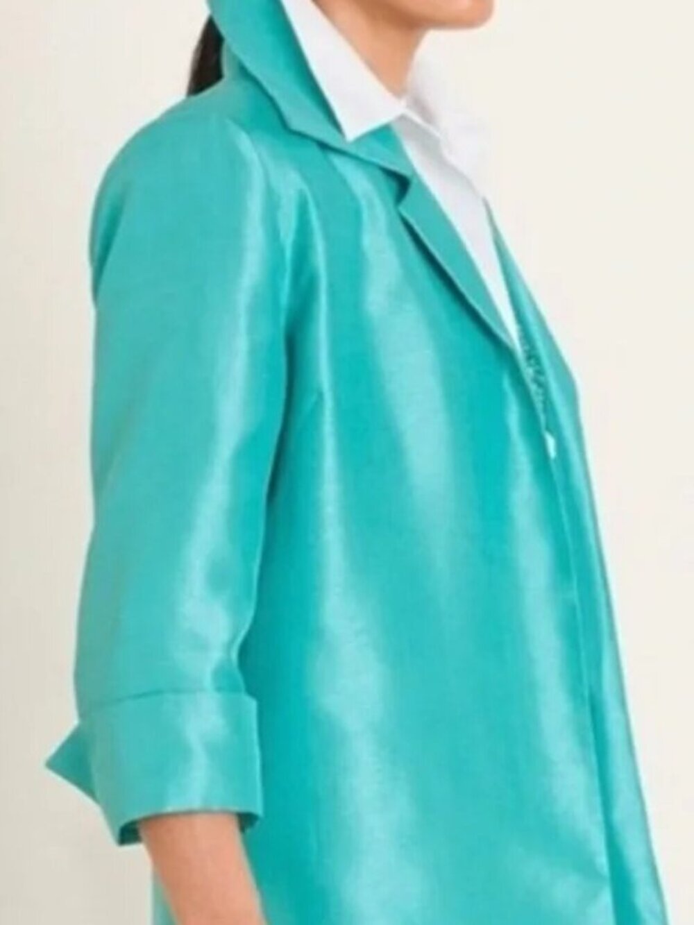NWT Chico's Sz 2 L Shantung Mid Length Aqua Blue Topper Lined 28" Jacket $149